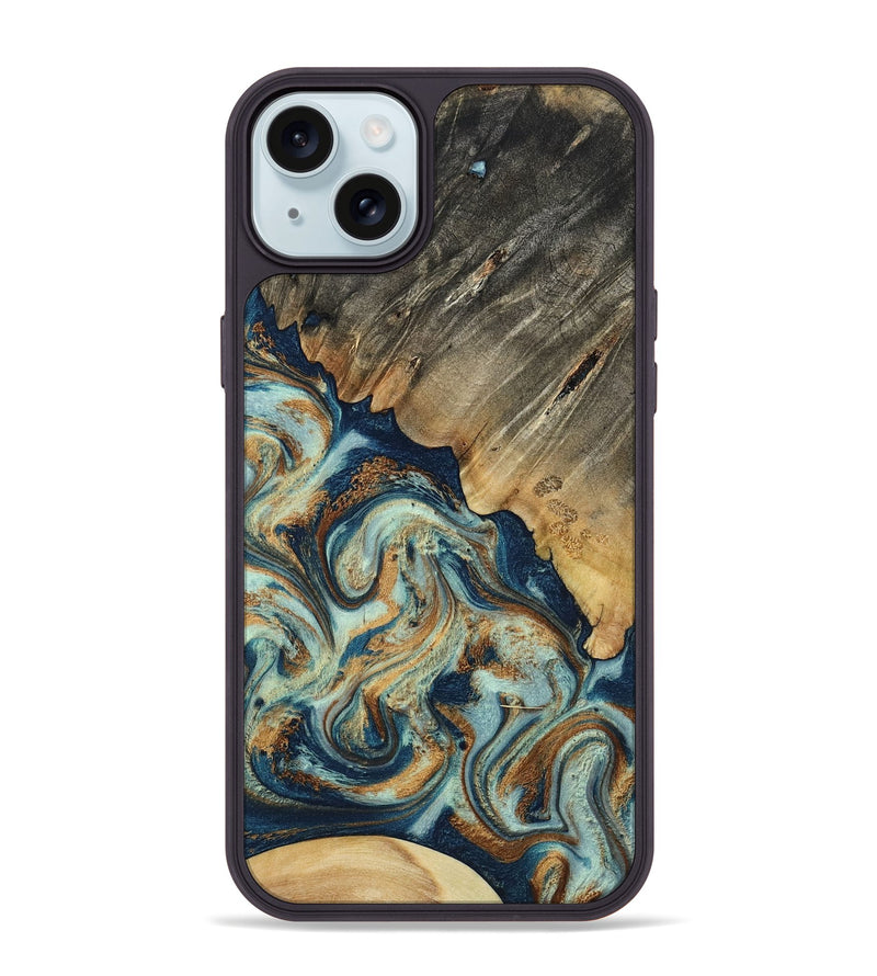 iPhone 15 Plus Wood Phone Case - Abril (Teal & Gold, 801016)