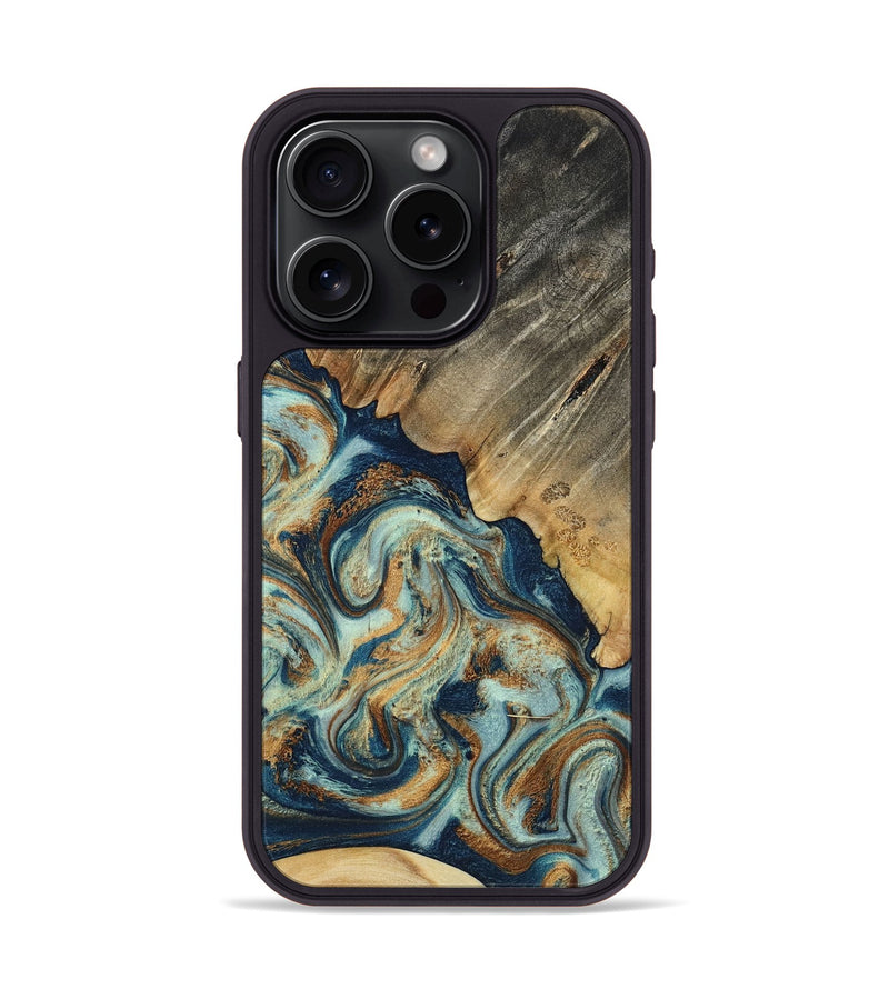 iPhone 15 Pro Wood Phone Case - Abril (Teal & Gold, 801016)