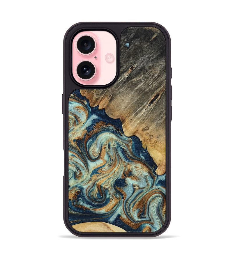 iPhone 16 Wood Phone Case - Abril (Teal & Gold, 801016)