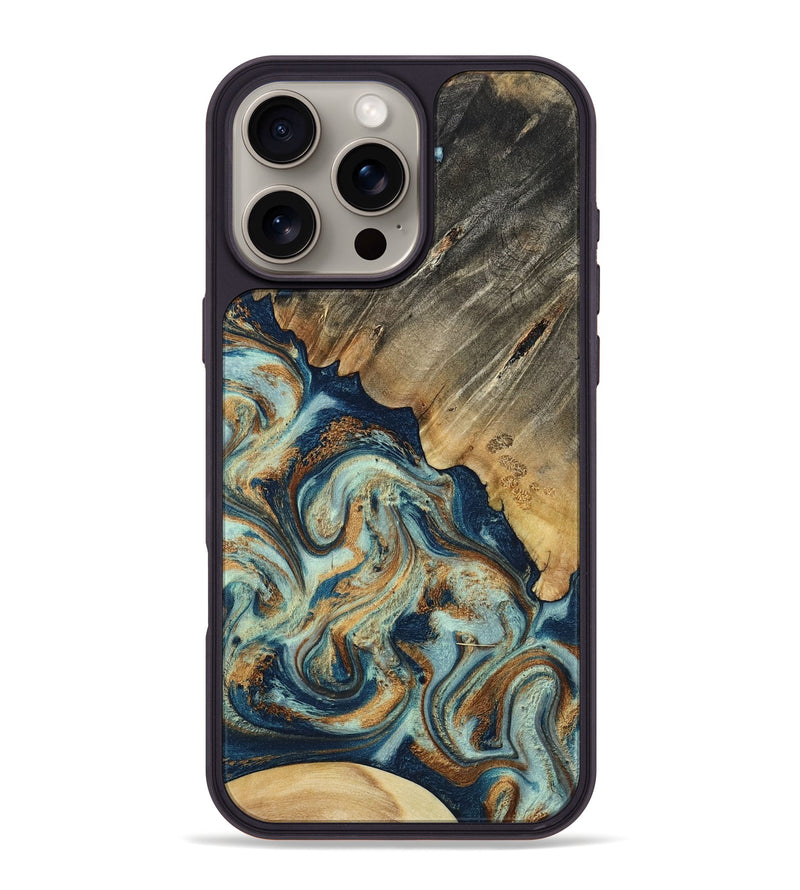 iPhone 16 Pro Max Wood Phone Case - Abril (Teal & Gold, 801016)