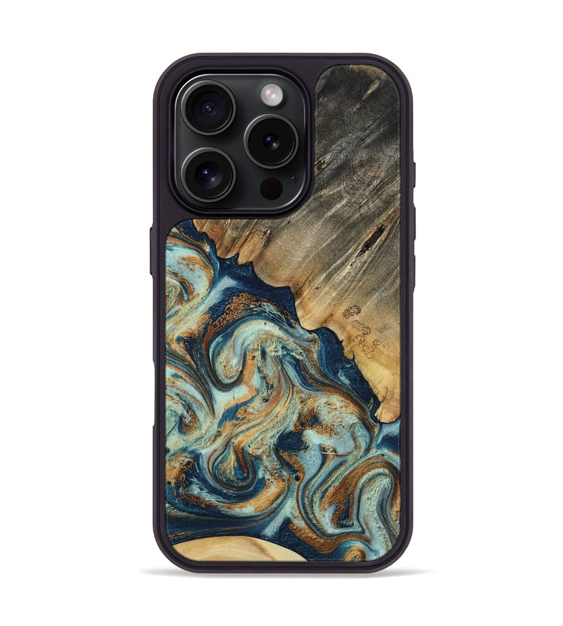 iPhone 16 Pro Wood Phone Case - Abril (Teal & Gold, 801016)