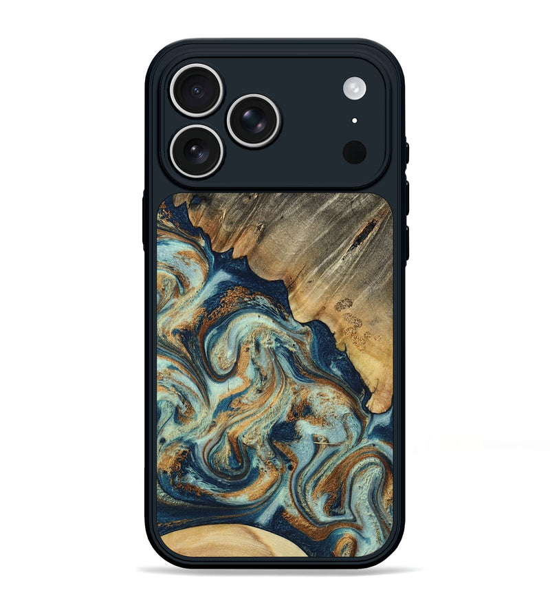 iPhone 17 Pro Max Wood Phone Case - Abril (Teal & Gold, 801016)