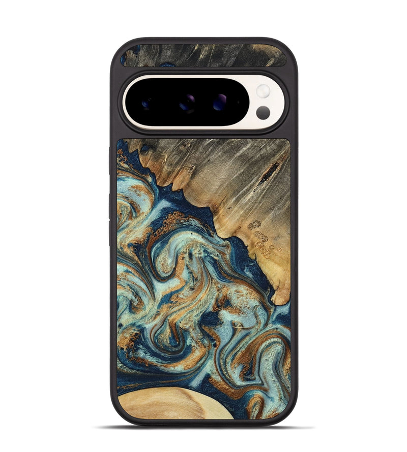 Pixel 9 Wood Phone Case - Abril (Teal & Gold, 801016)