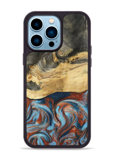 iPhone 14 Pro Max Wood Phone Case - Yareli (Teal & Gold, 801017)