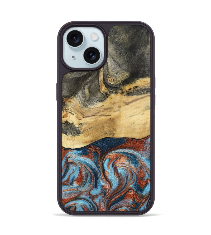 iPhone 15 Wood Phone Case - Yareli (Teal & Gold, 801017)