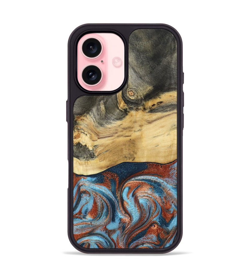 iPhone 16 Wood Phone Case - Yareli (Teal & Gold, 801017)