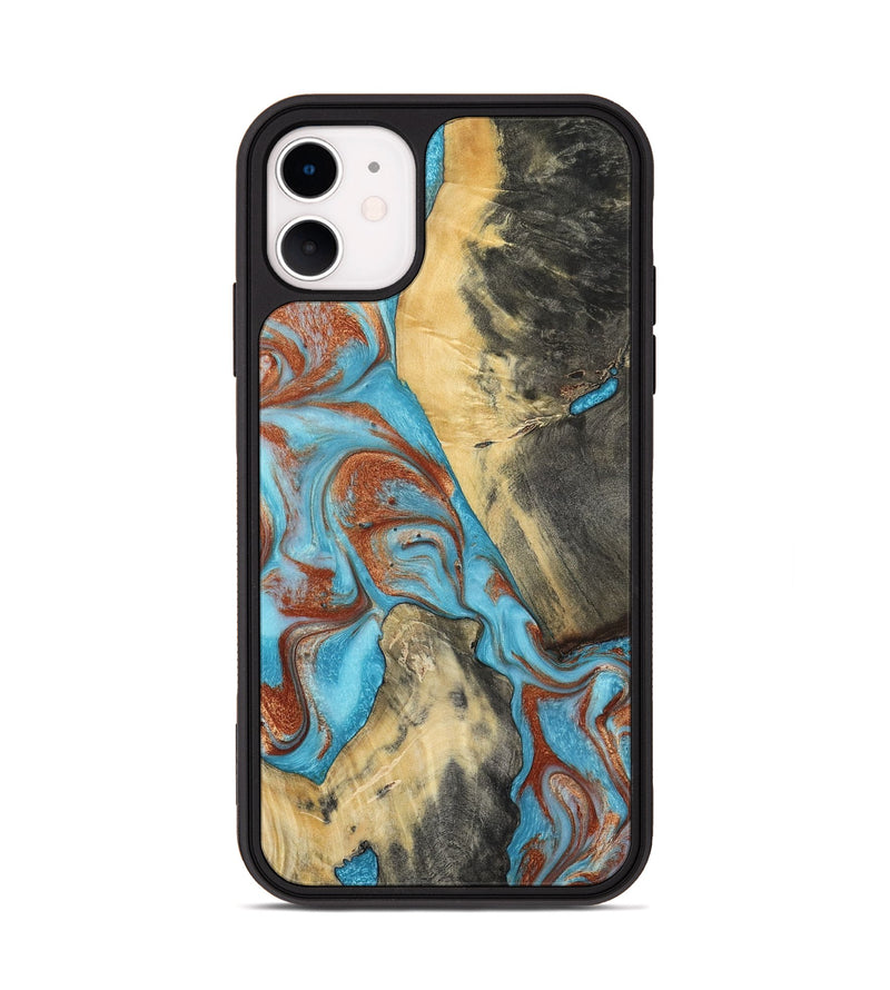 iPhone 11 Wood Phone Case - Dahlia (Teal & Gold, 801019)