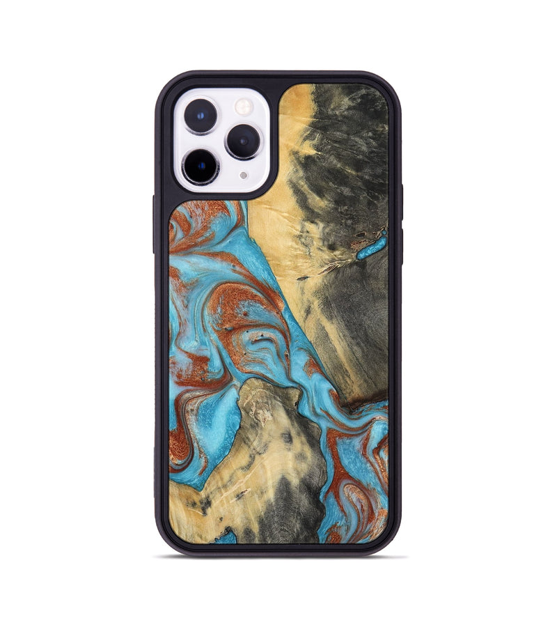 iPhone 11 Pro Wood Phone Case - Dahlia (Teal & Gold, 801019)