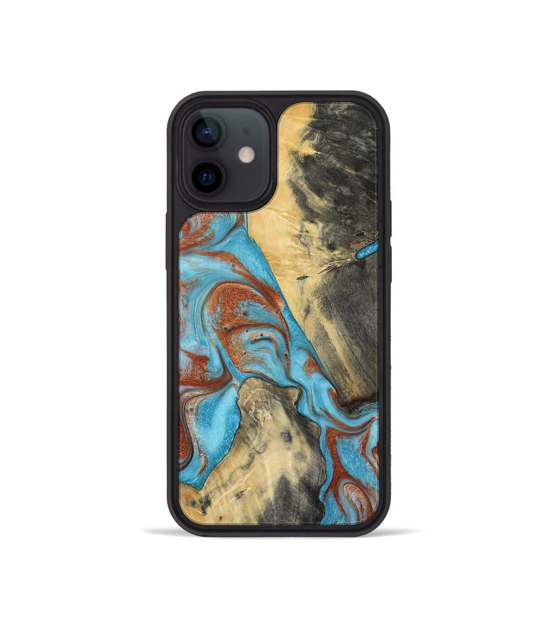 iPhone 12 mini Wood Phone Case - Dahlia (Teal & Gold, 801019)
