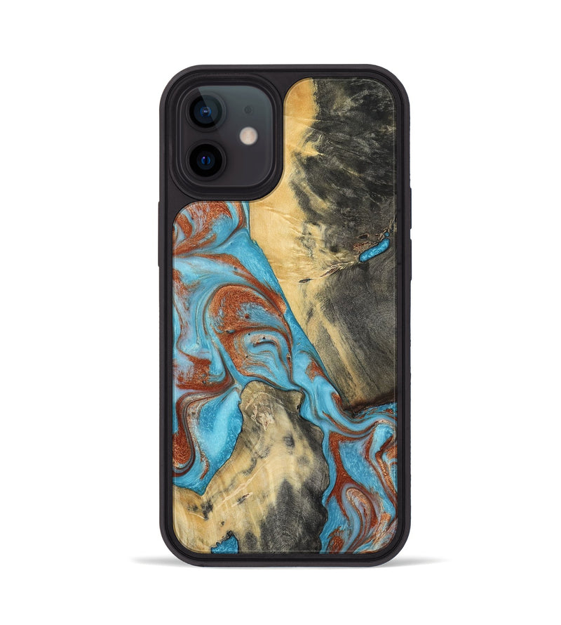 iPhone 12 Wood Phone Case - Dahlia (Teal & Gold, 801019)