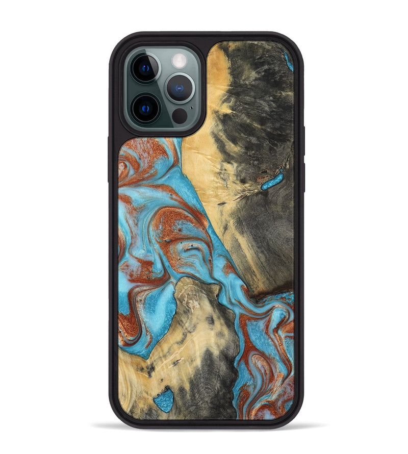 iPhone 12 Pro Max Wood Phone Case - Dahlia (Teal & Gold, 801019)