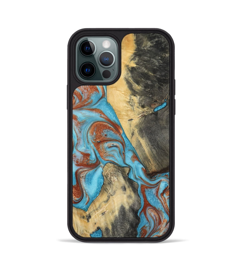 iPhone 12 Pro Wood Phone Case - Dahlia (Teal & Gold, 801019)