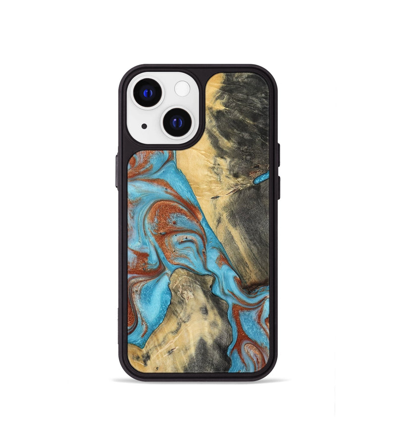 iPhone 13 mini Wood Phone Case - Dahlia (Teal & Gold, 801019)