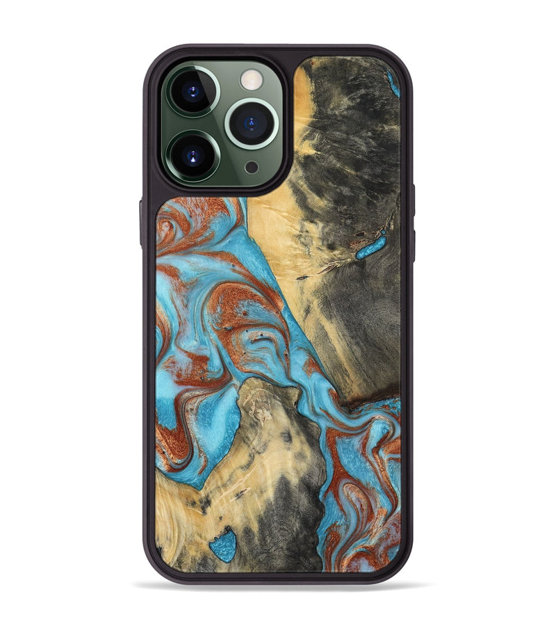 iPhone 13 Pro Max Wood Phone Case - Dahlia (Teal & Gold, 801019)