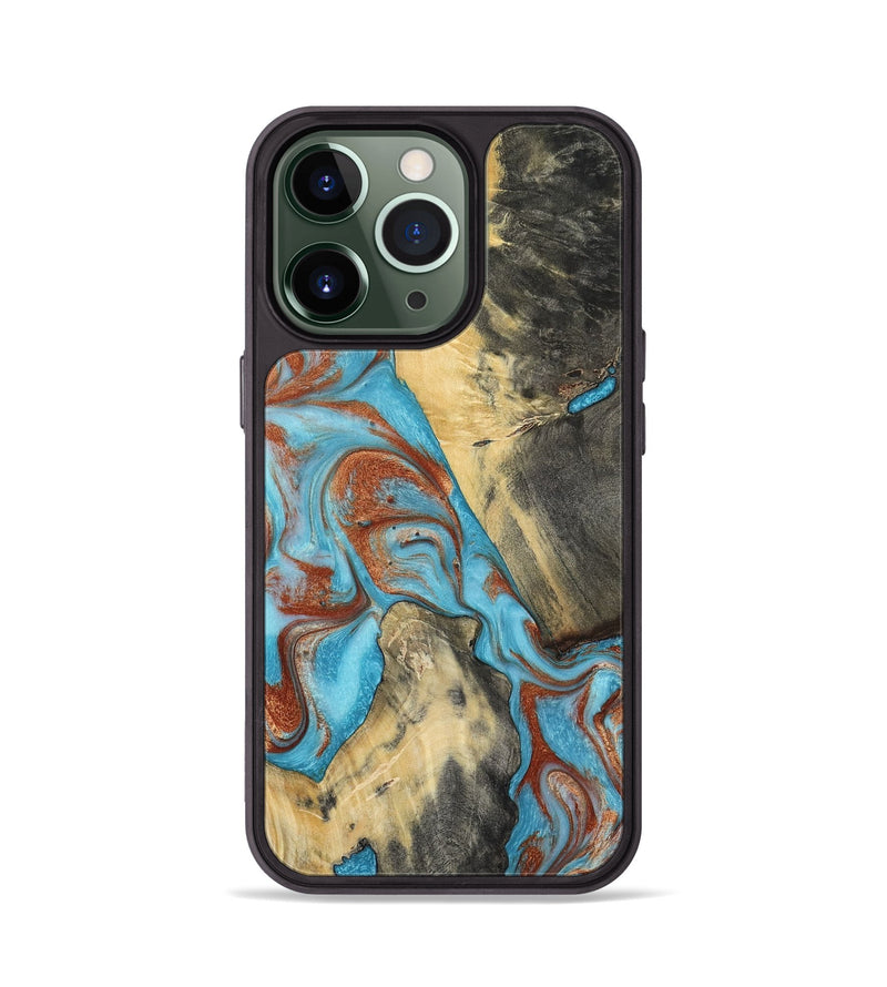 iPhone 13 Pro Wood Phone Case - Dahlia (Teal & Gold, 801019)