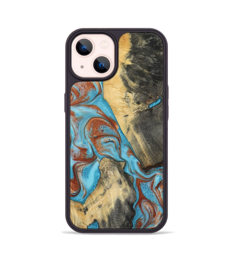iPhone 14 Wood Phone Case - Dahlia (Teal & Gold, 801019)