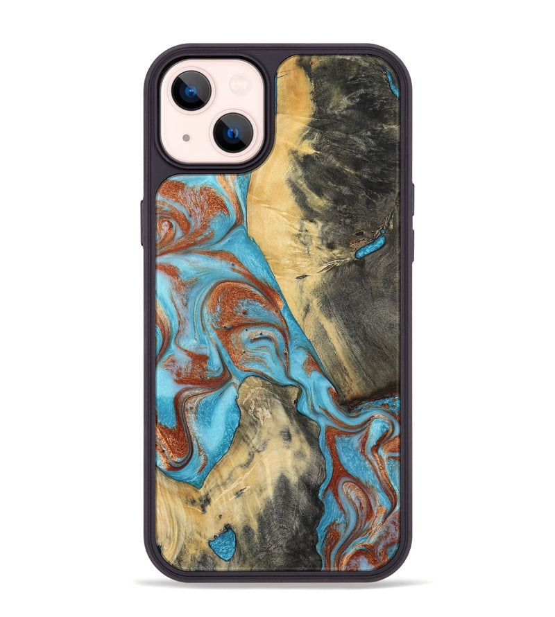 iPhone 14 Plus Wood Phone Case - Dahlia (Teal & Gold, 801019)