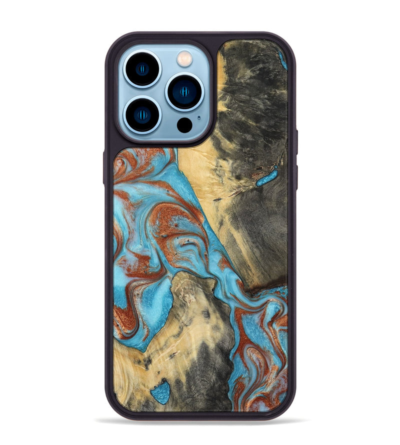 iPhone 14 Pro Max Wood Phone Case - Dahlia (Teal & Gold, 801019)