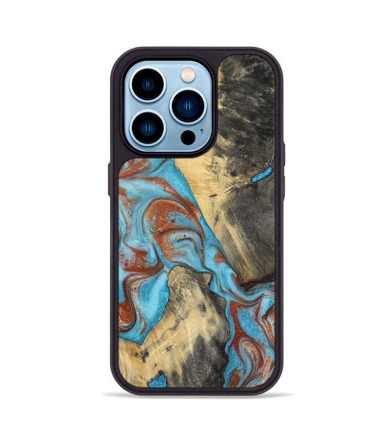 iPhone 14 Pro Wood Phone Case - Dahlia (Teal & Gold, 801019)