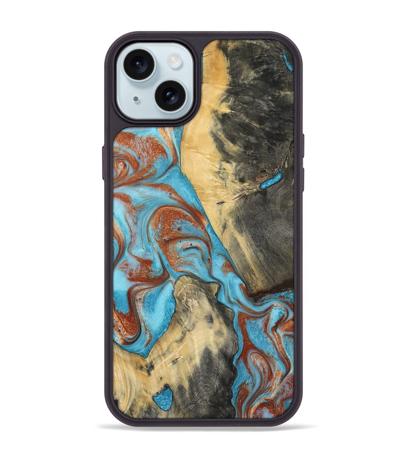 iPhone 15 Plus Wood Phone Case - Dahlia (Teal & Gold, 801019)