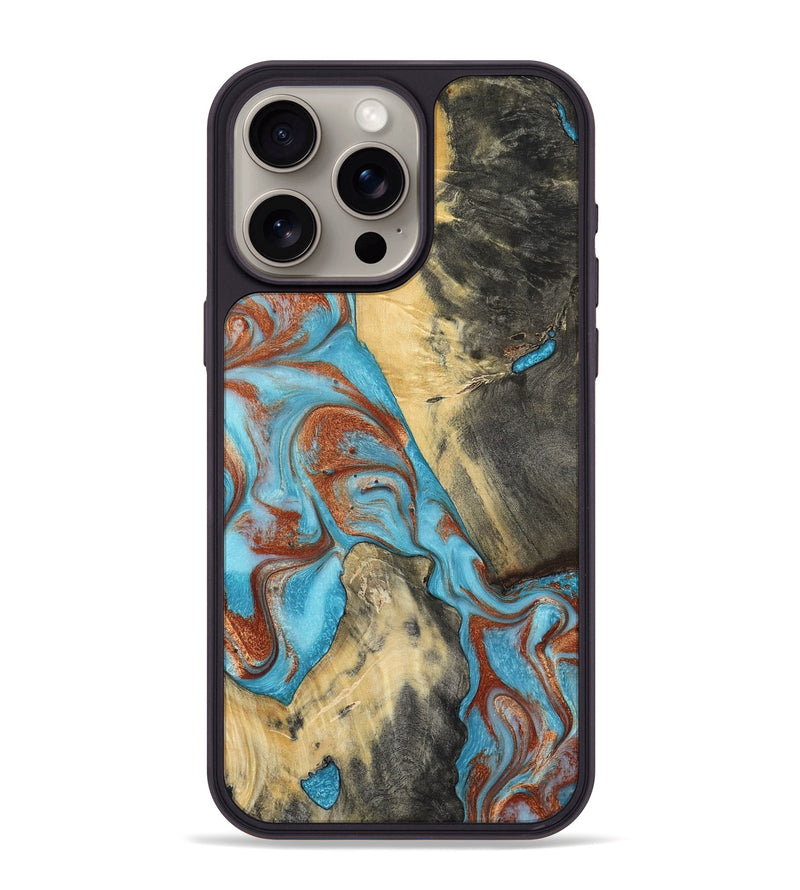 iPhone 15 Pro Max Wood Phone Case - Dahlia (Teal & Gold, 801019)
