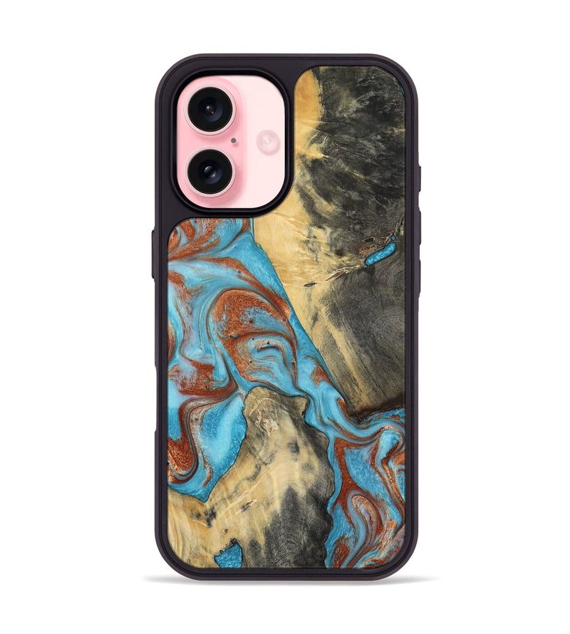 iPhone 16 Wood Phone Case - Dahlia (Teal & Gold, 801019)