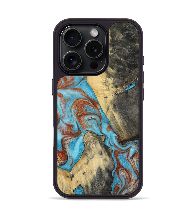 iPhone 16 Pro Wood Phone Case - Dahlia (Teal & Gold, 801019)