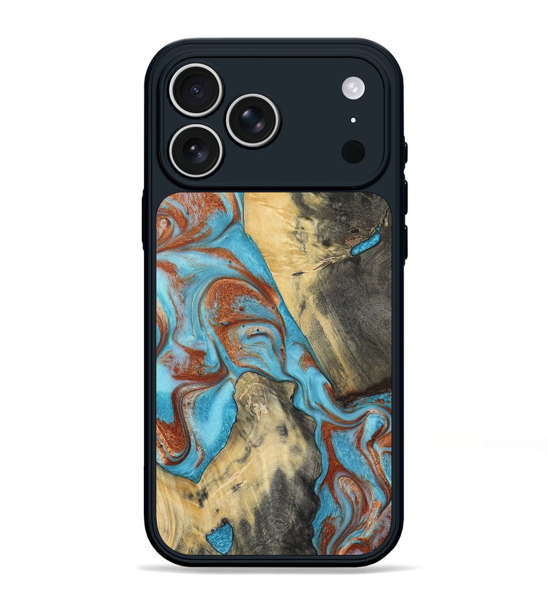 iPhone 17 Pro Max Wood Phone Case - Dahlia (Teal & Gold, 801019)