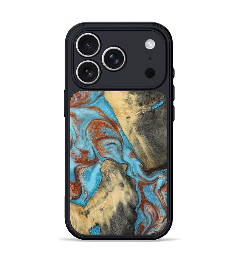 iPhone 17 Pro Wood Phone Case - Dahlia (Teal & Gold, 801019)