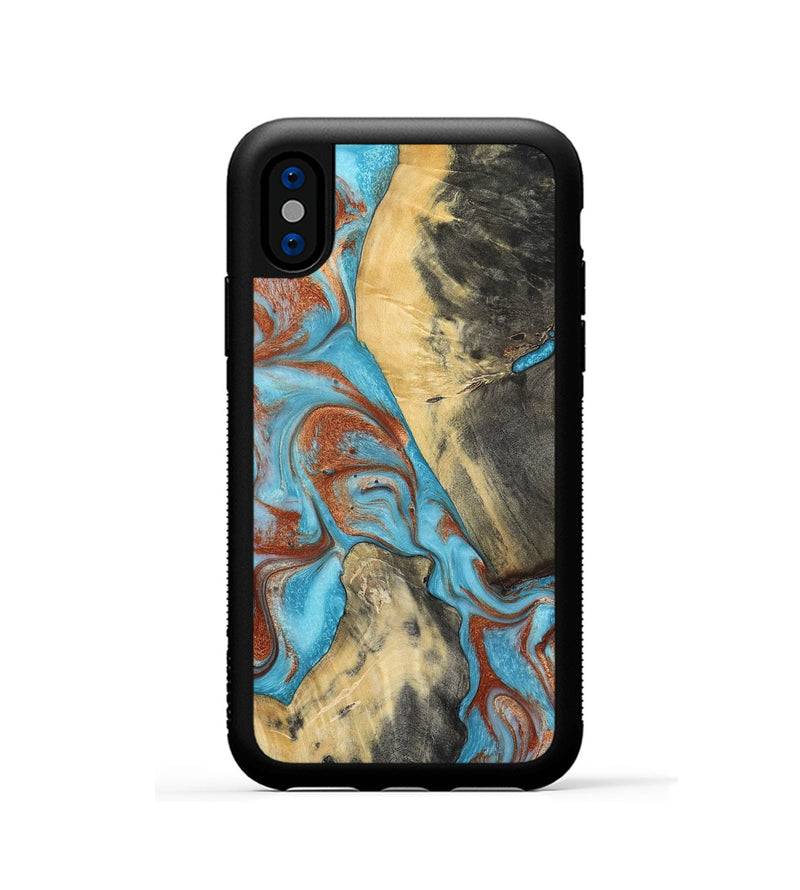 iPhone Xs Wood Phone Case - Dahlia (Teal & Gold, 801019)