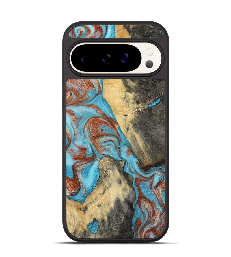Pixel 9 Wood Phone Case - Dahlia (Teal & Gold, 801019)