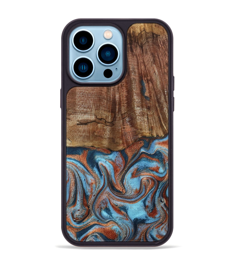 iPhone 14 Pro Max Wood Phone Case - Jordon (Teal & Gold, 801023)
