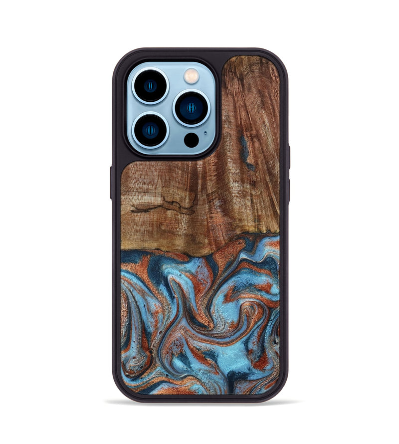 iPhone 14 Pro Wood Phone Case - Jordon (Teal & Gold, 801023)