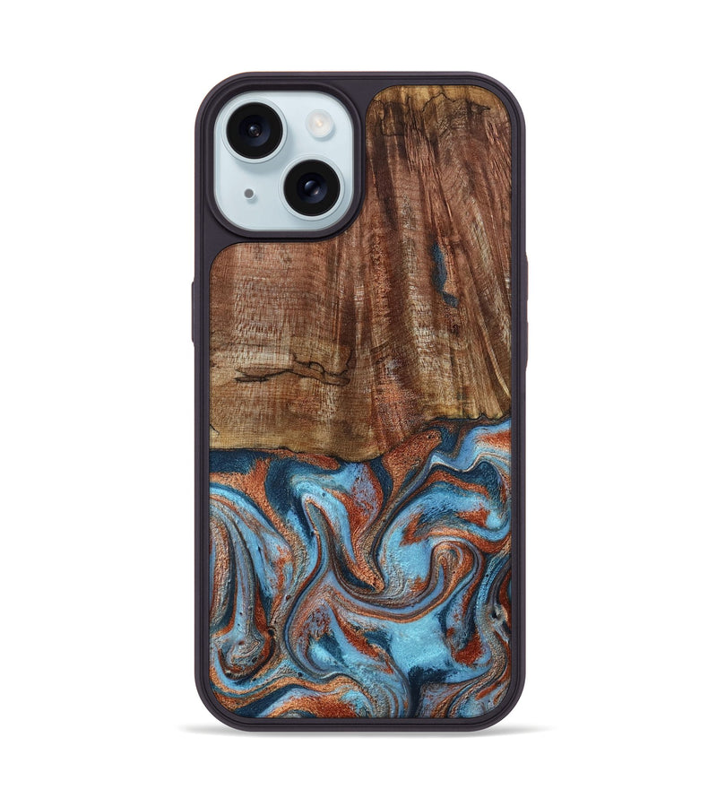 iPhone 15 Wood Phone Case - Jordon (Teal & Gold, 801023)