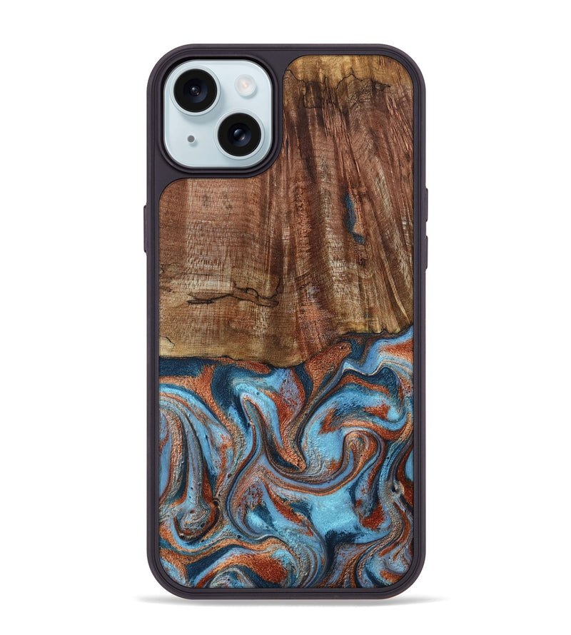 iPhone 15 Plus Wood Phone Case - Jordon (Teal & Gold, 801023)