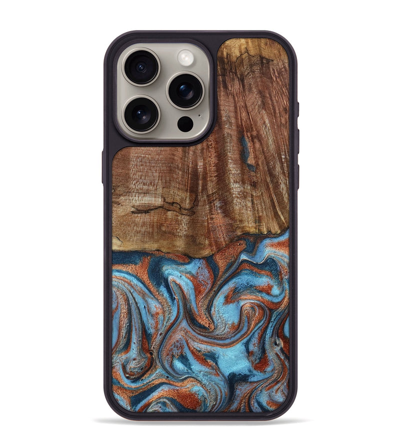 iPhone 15 Pro Max Wood Phone Case - Jordon (Teal & Gold, 801023)