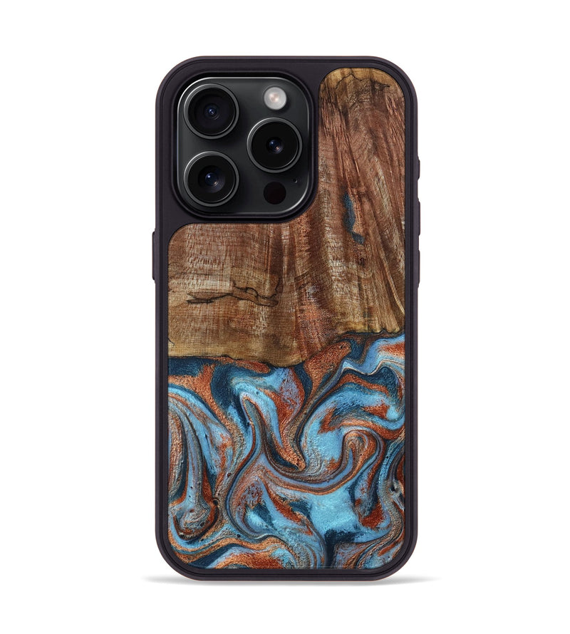 iPhone 15 Pro Wood Phone Case - Jordon (Teal & Gold, 801023)