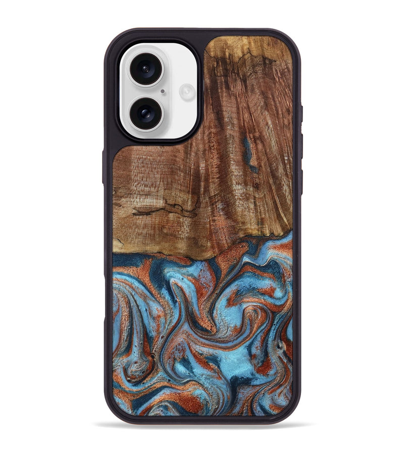 iPhone 16 Plus Wood Phone Case - Jordon (Teal & Gold, 801023)