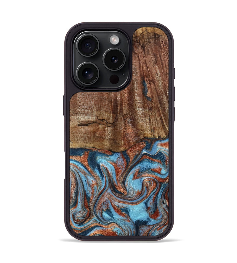 iPhone 16 Pro Wood Phone Case - Jordon (Teal & Gold, 801023)