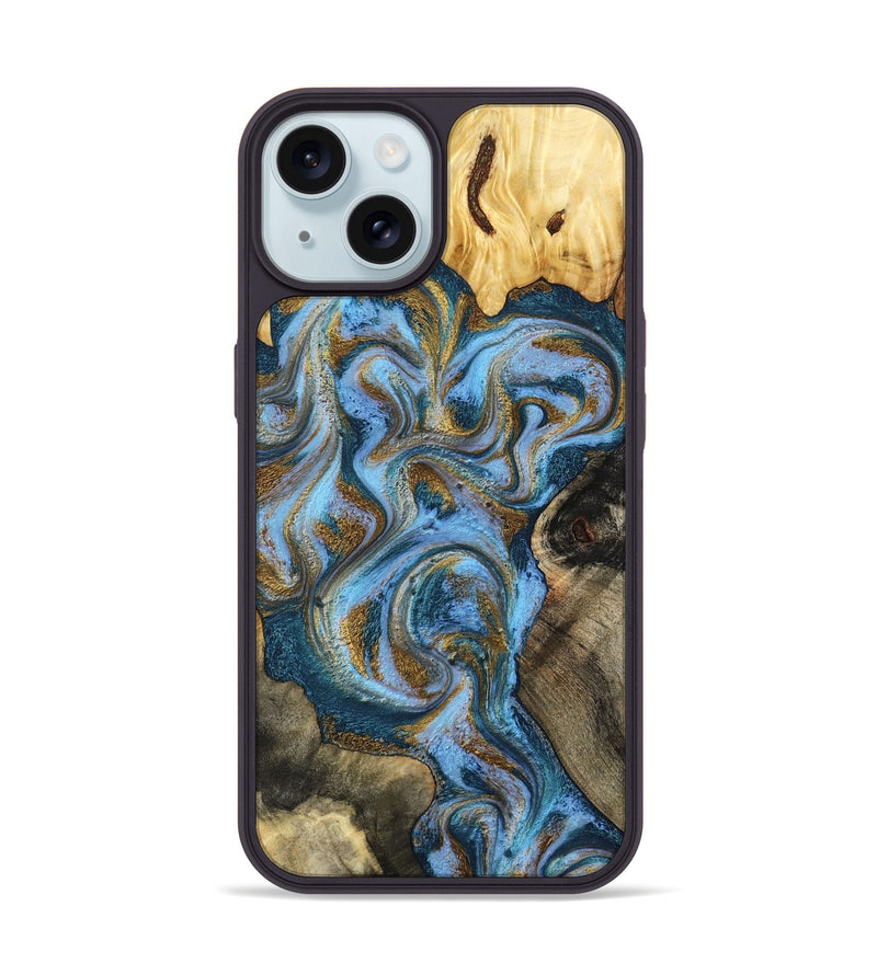 iPhone 15 Wood Phone Case - Shannon (Teal & Gold, 801026)