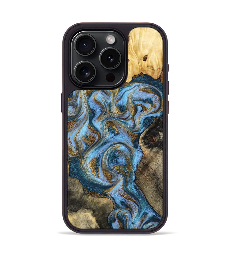 iPhone 15 Pro Wood Phone Case - Shannon (Teal & Gold, 801026)