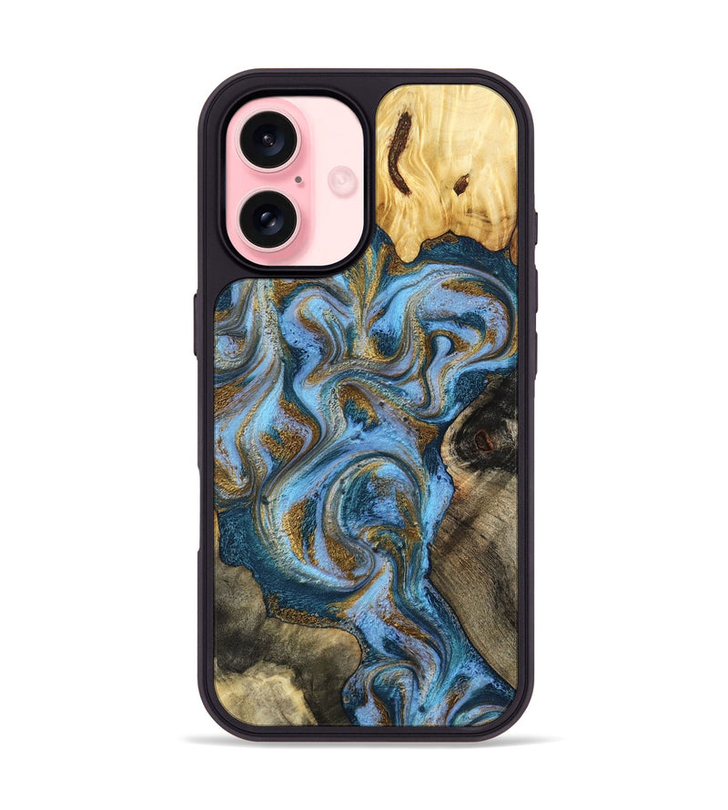 iPhone 16 Wood Phone Case - Shannon (Teal & Gold, 801026)