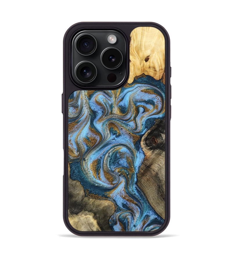 iPhone 16 Pro Wood Phone Case - Shannon (Teal & Gold, 801026)