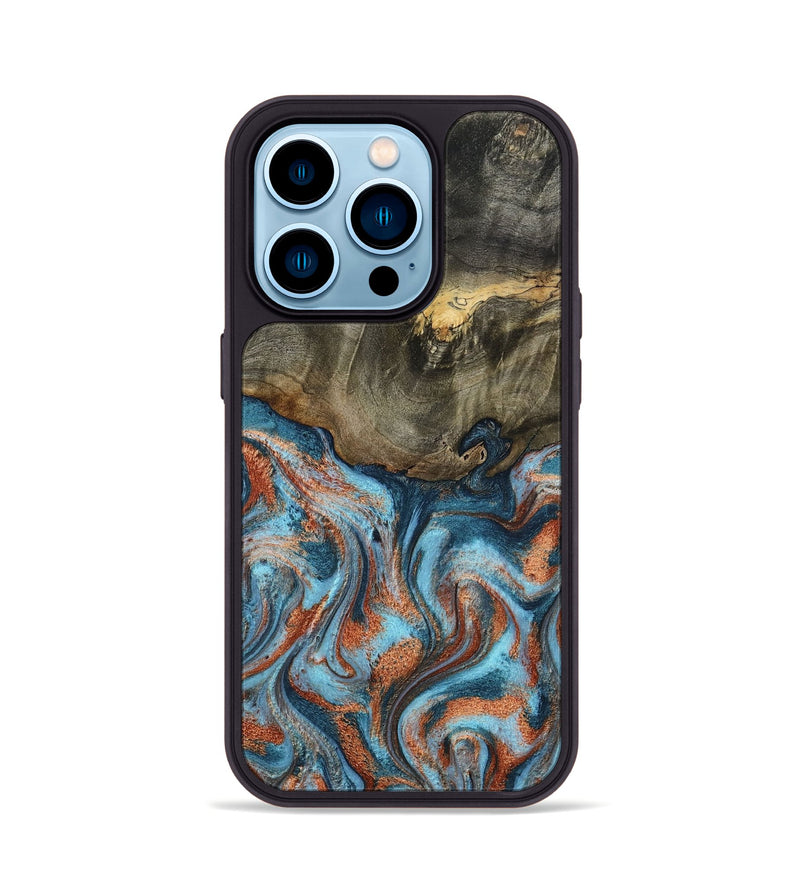 iPhone 14 Pro Wood Phone Case - Enoch (Teal & Gold, 801027)