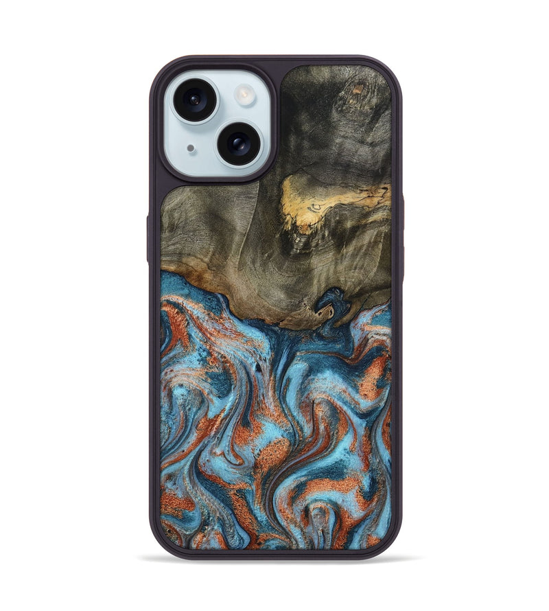 iPhone 15 Wood Phone Case - Enoch (Teal & Gold, 801027)