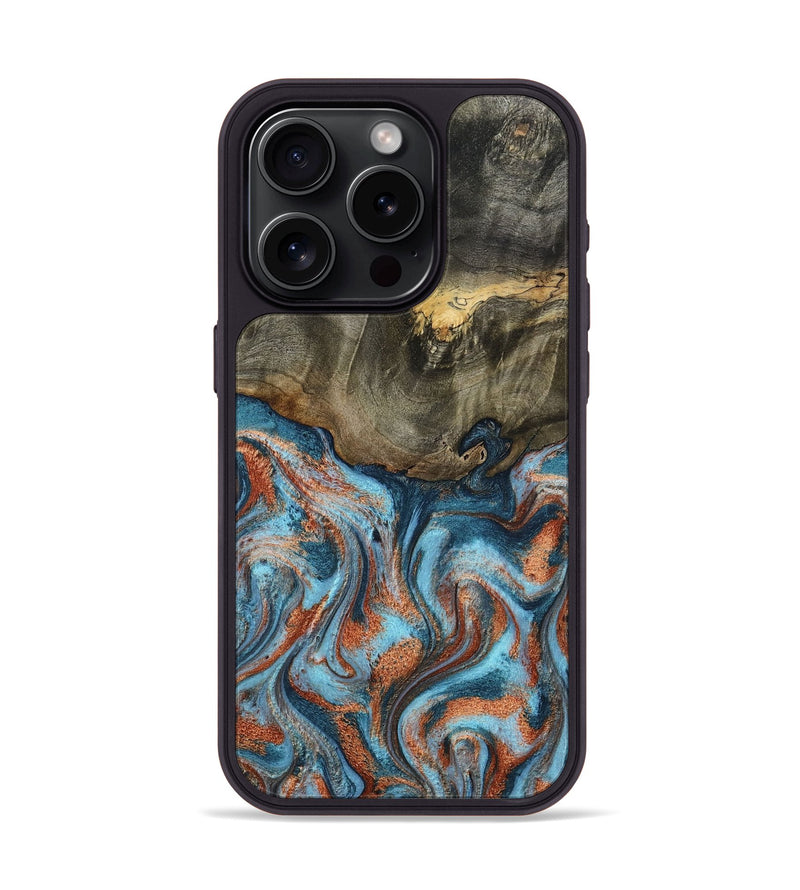iPhone 15 Pro Wood Phone Case - Enoch (Teal & Gold, 801027)
