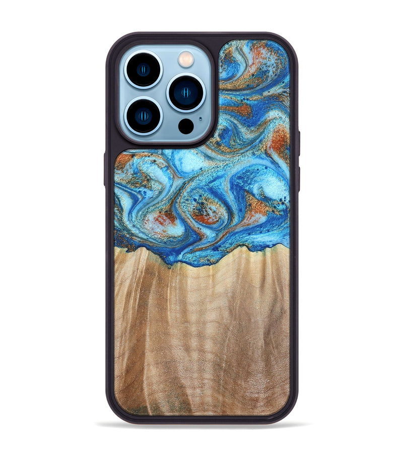 iPhone 14 Pro Max Wood Phone Case - Tyree (Teal & Gold, 801028)