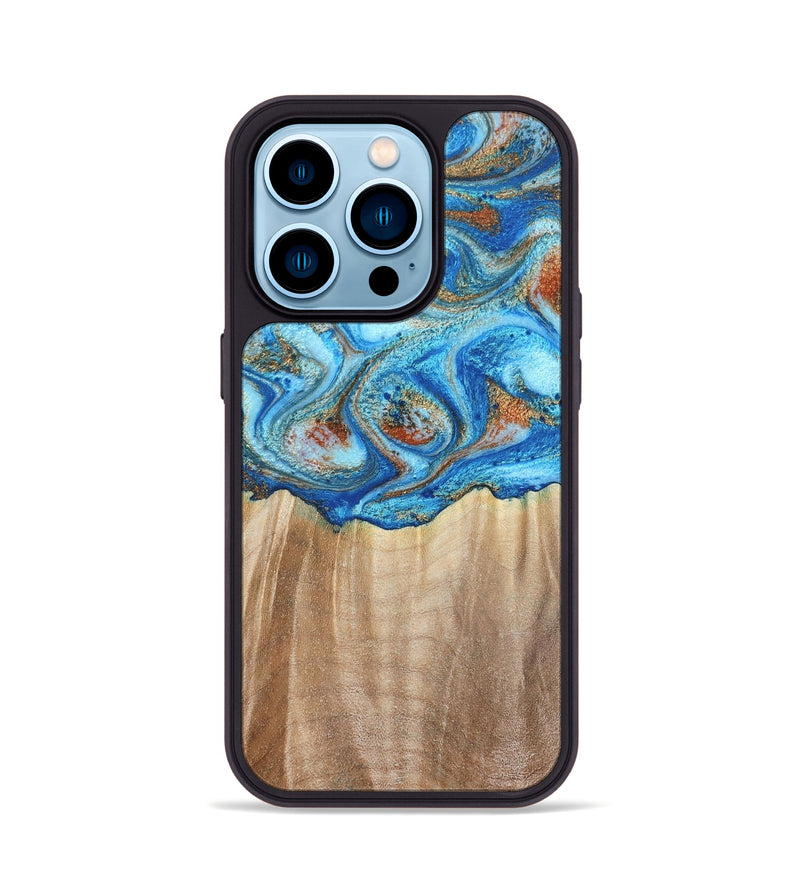 iPhone 14 Pro Wood Phone Case - Tyree (Teal & Gold, 801028)