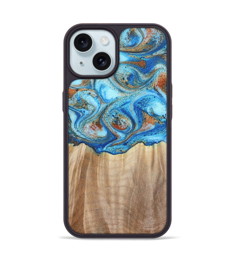 iPhone 15 Wood Phone Case - Tyree (Teal & Gold, 801028)