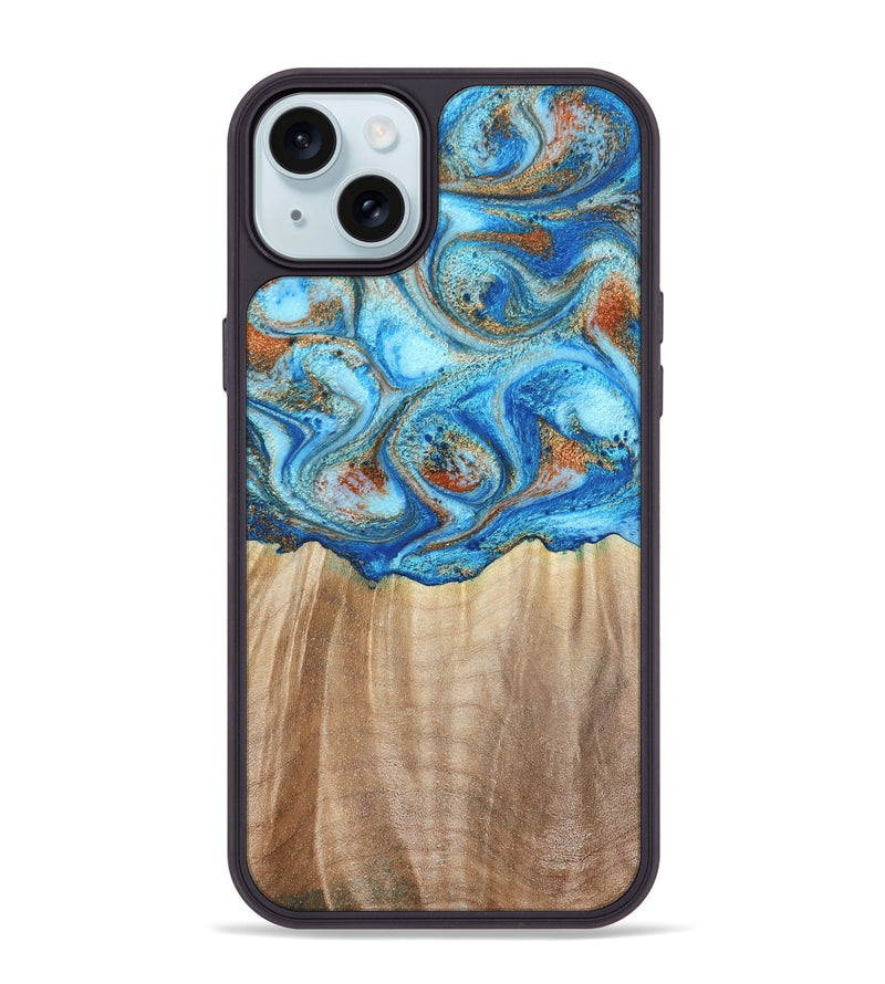 iPhone 15 Plus Wood Phone Case - Tyree (Teal & Gold, 801028)